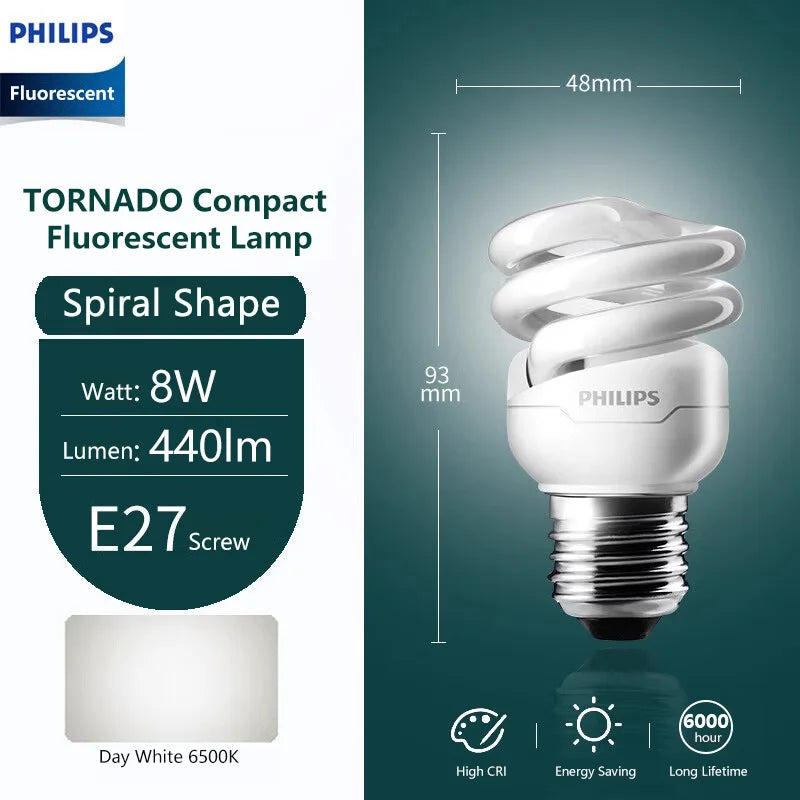 Philips Tornado Vite Edison fluorescente compatta E27 Luce a spirale 8W 12W 15W Lampadina a risparmio energetico 2700K 6500K Lampada a forma di torsione