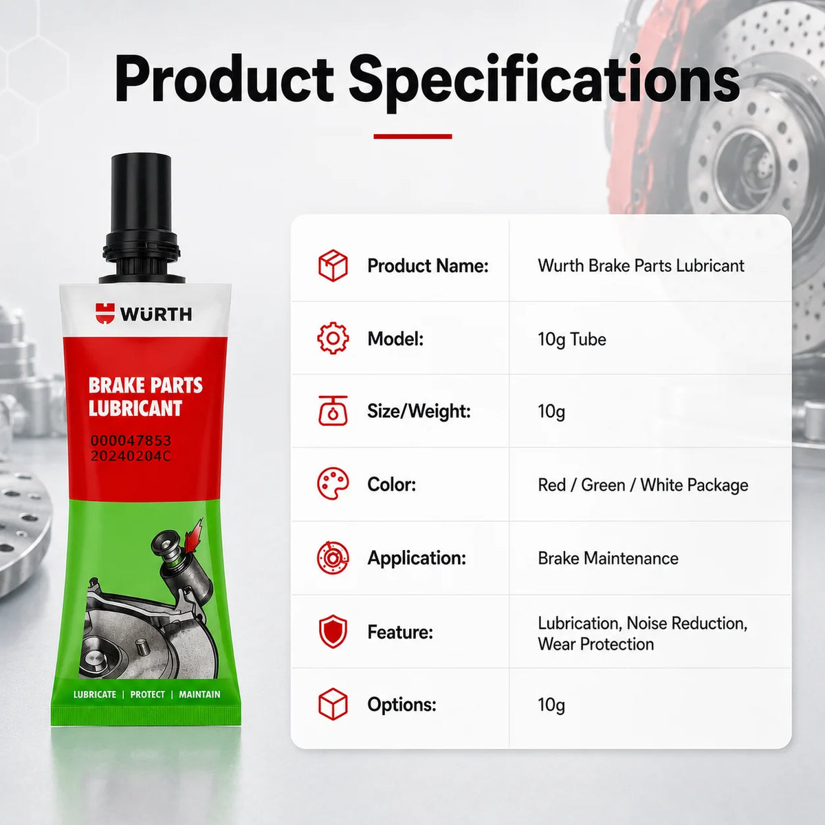 Lubrificante per Freni Wurth 10g, Grasso Resistente al Calore per Pinze Freno, Perni Guida, Pistoni, Uso Automobilistico