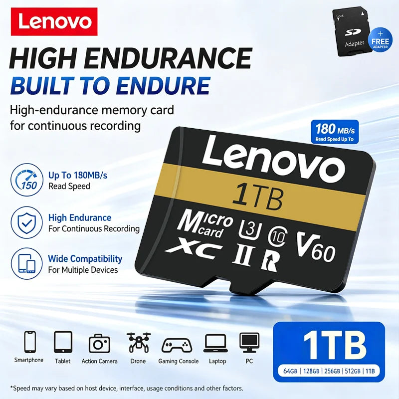 Scheda di memoria Lenovo ad alta velocità, 256 GB, 512 GB, classe 10, UHS-I, MicroSDXC, 1 TB, 128 GB, per droni DJI e fotocamere GoPro Hero, ideale per riprese in 4K.