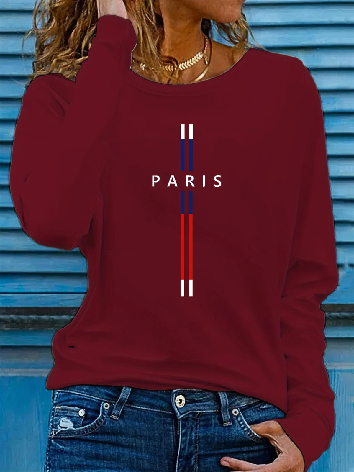 T-shirt da donna in 100% puro cotone, ideale per la primavera e l’autunno, comoda, casual, a maniche lunghe, con stampa grafica a tema parigino e scollo rotondo.