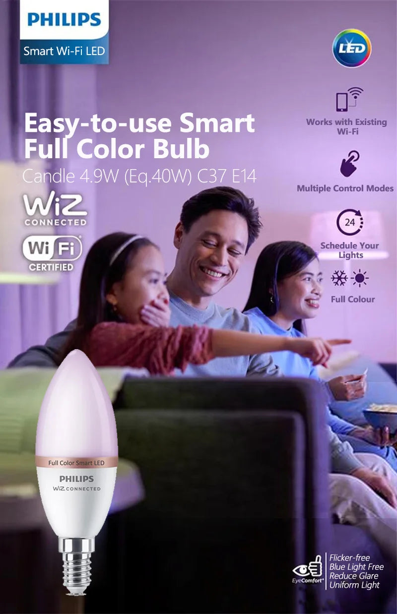 Philips Smart LED 4.9W E14 a lume di candela WiZ Wi-Fi e lampadina Bluetooth 220-240V 16 milioni di lampade dimmerabili satinate a colori CRI90