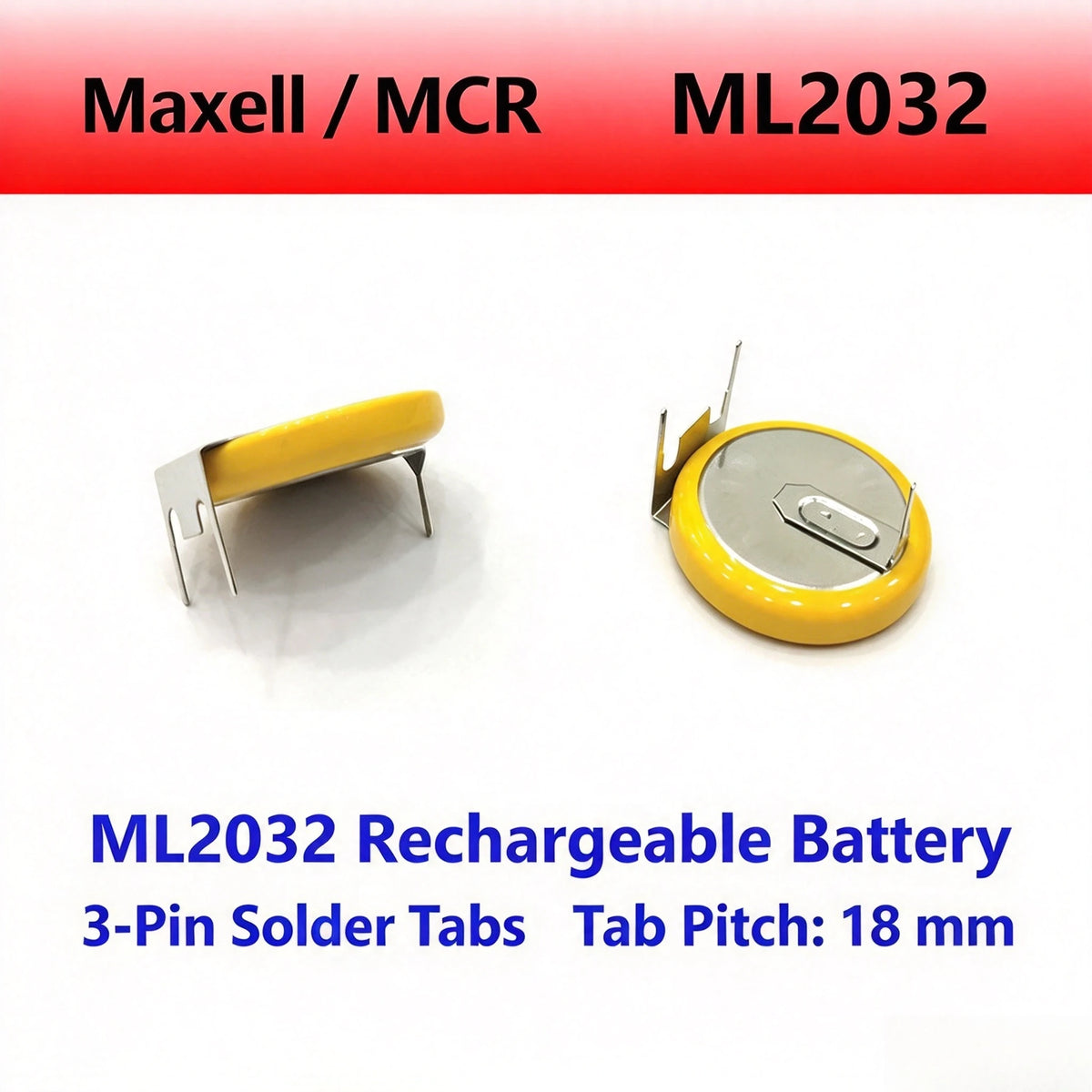 Batteria a bottone ricaricabile al litio Maxell ML2032 con terminali per saldatura, 3V, distanza tra i piedini 20 mm, per schede madri CMOS