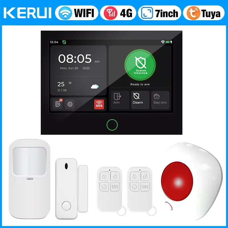 KERUI NUOVO Allarme domestico wireless 4G + WiFi con ampio touch screen IPS da 7 pollici Sistema di allarme intelligente Tuya con sensore di movimento per la casa