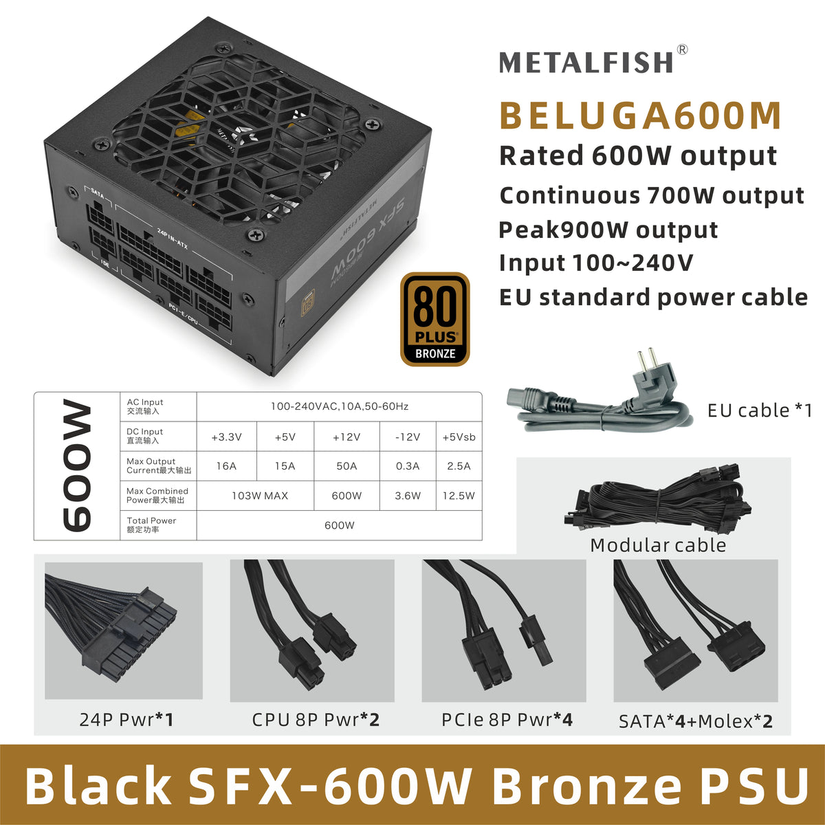 METALFISH SFX 80Plus Bronzo 500/600W PSU Nero Alimentatore Full-Modular per Mini ITX Chassis Piccolo Computer Case Ingresso 100/240V