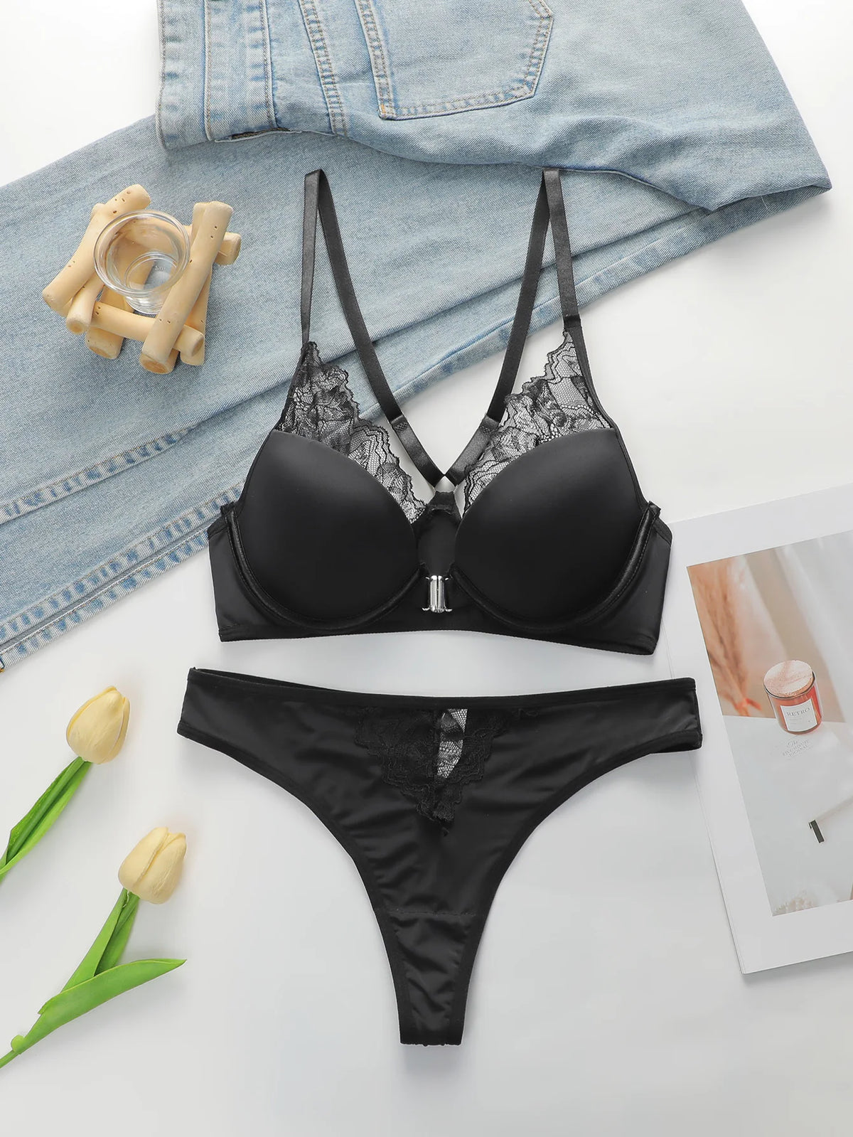 Dutton frontale nero da donna, bella schiena con anello in acciaio, reggiseno sexy, intimo perizoma, set di biancheria intima J2509