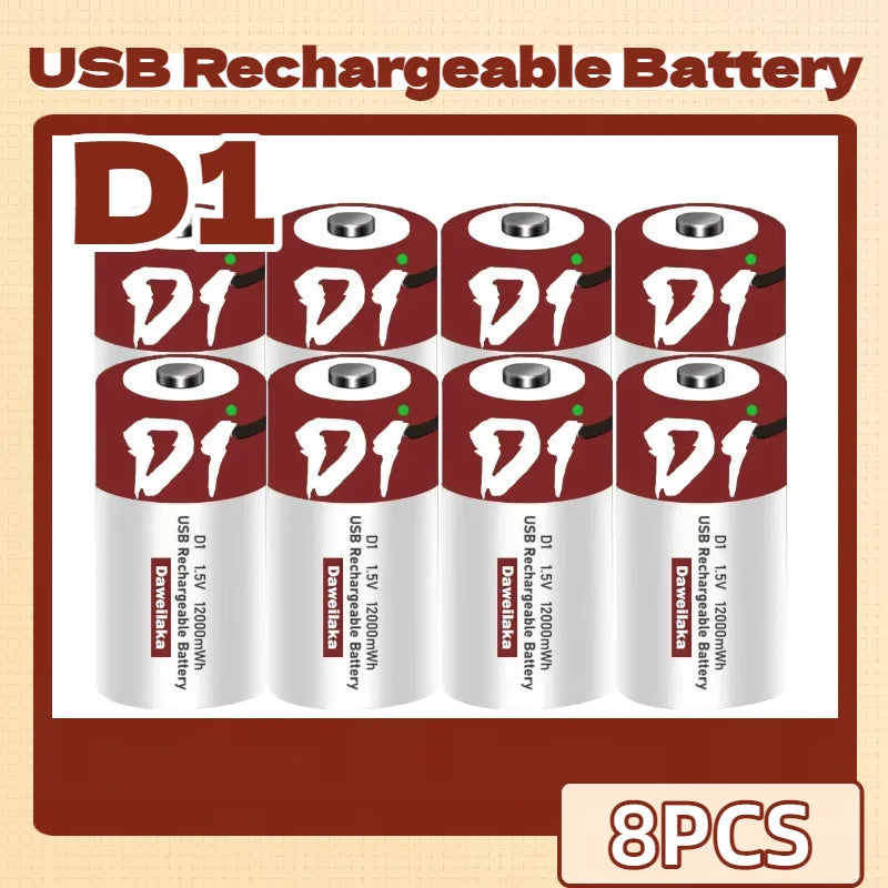 Batteria agli ioni di litio da 1,5 V formato D, 12000 mWh, ricaricabile tramite USB per torce, scaldabagni, giocattoli, include cavo di ricarica gratuito