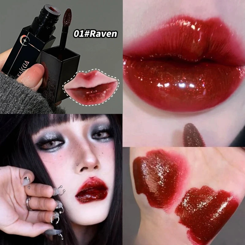 Rossetto Nero Opaco Scintillante Rosso, Lucidalabbra Punk Gotico, Trucco di Halloween, Rossetto in Mousse, Rossetto Impermeabile Anti-sbavature, Tinta Labbra