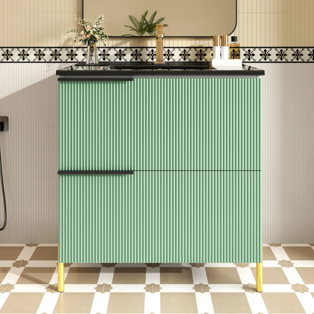 Mobiletto per lavabo da bagno con lavabo in ceramica, lavabo singolo con cassetti in MDF, organizer per mobile da bagno in piedi con lavabo