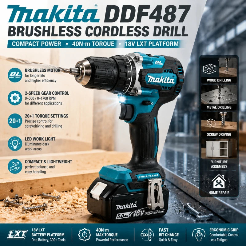 Trapano Avvitatore a Batteria Brushless Makita 18V LXT DDF487 10mm ad Alta Coppia + Kit Batteria BL1860B BL1840 6.0Ah Utensile Elettrico OEM Spedizione Veloce UE
