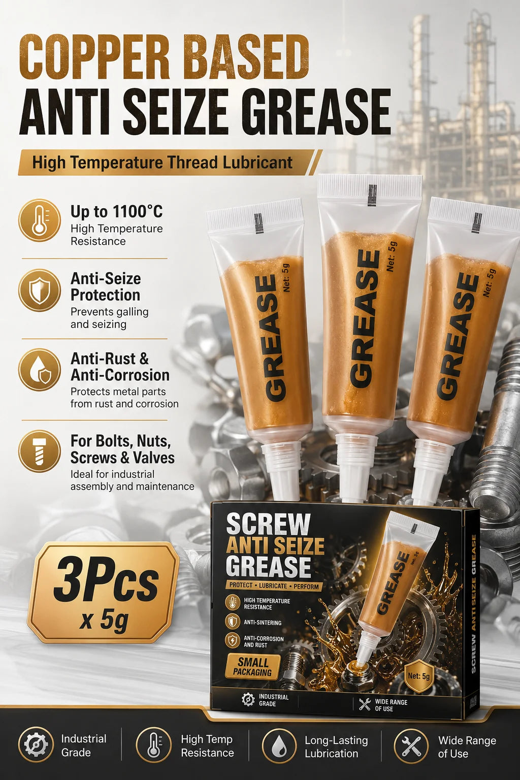 Grasso Antigrippante per Viti a Base di Rame 1100 ° Lubrificante antiruggine per filettature ad alta temperatura C per bulloni, dadi e valvole, 3 pezzi da 5g