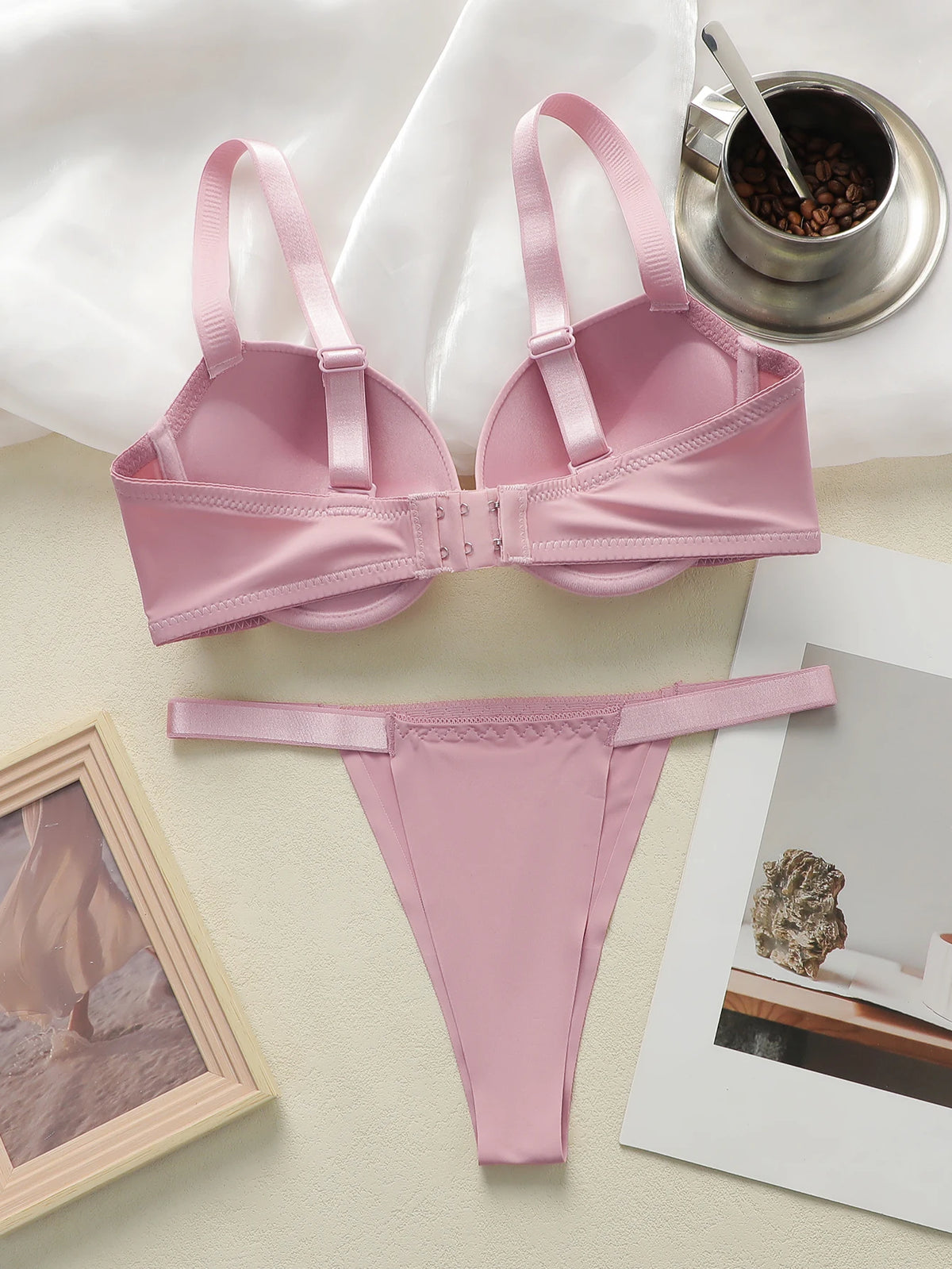 Set da donna rosa Set di lingerie quotidiana in tinta unita, reggiseno push-up, comodo set di lingerie aderente, il seno piccolo appare più grande 2051
