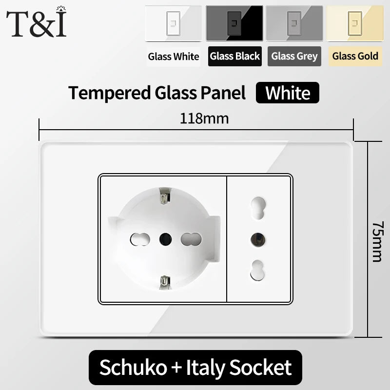 Prese per interruttori a muro T&I con tipo USB-C ricarica rapida, presa italiana, presa Schuko cilena, pannello in vetro temperato per la casa