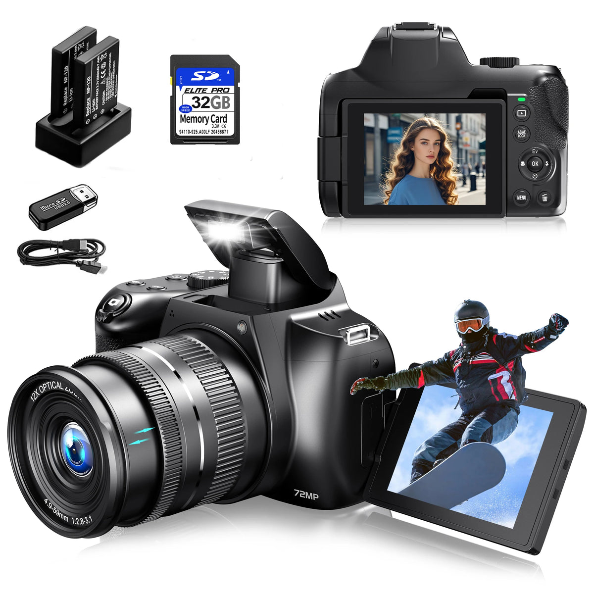 Fotocamera Digitale con Zoom Ottico 12X, 4K, WiFi, HD, 72MP, Avanzata, 270° ° Schermo Ribaltabile Autofocus Principiante/Principiante Selfie Macro