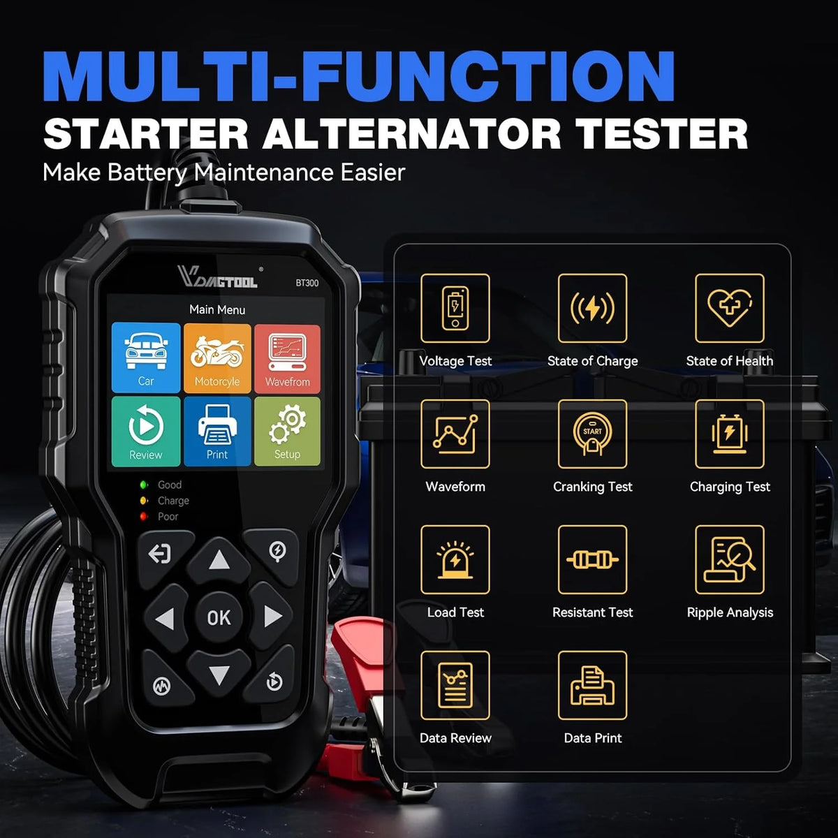 VDIAGTOOL BT300 Tester per Batterie Auto 6-12V, 5-3000 CCA per Analizzatore Batterie Auto, Camion, Moto con Test di Carica, Test di Avviamento, Test di Tensione SOH SOC, Strumento per Test del Sistema di Ricarica e Avviamento