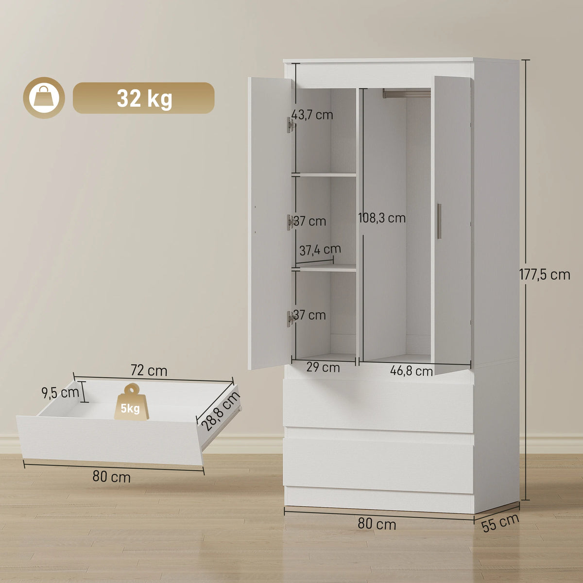 Armadio per Camera da Letto con 2 Ante, 2 Cassetti, 3 Scomparti, in Legno, Bianco