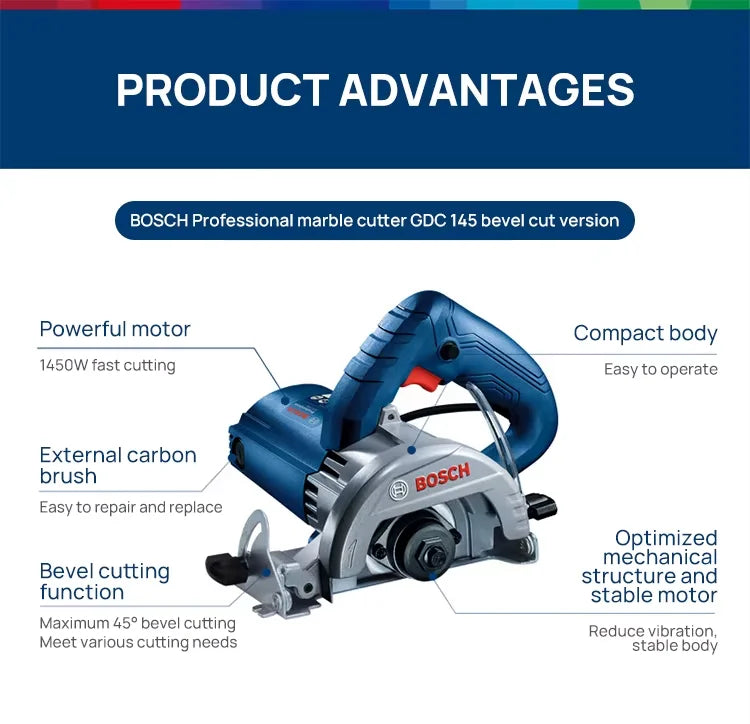 Smerigliatrice Angolare Industriale BOSCH GDC145 1450W, Disco da 115mm Profondità 35mm, Bassa Vibrazione Alta Precisione, Utensile Multiuso per Scanalatura e Sagomatura su Pietra/Piastrelle/Calcestruzzo