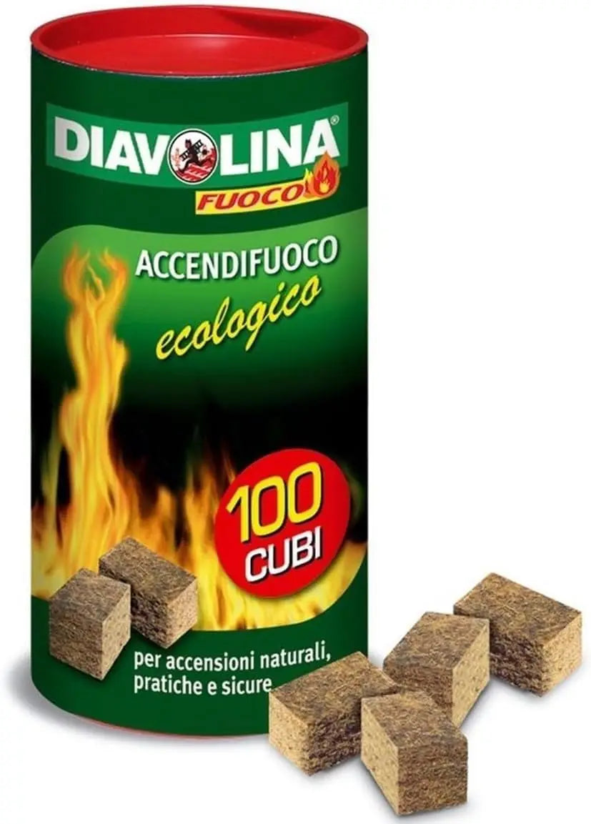 Diavolina, accendifuoco ecologico, confezione da 100 pezzi, accensione istantanea naturale, pratico e sicuro per camini, stufe, legna da ardere e barbecue.