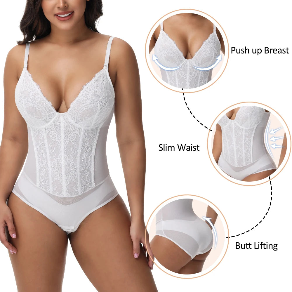 Body modellante in pizzo da donna con ferretto, controllo della pancia, modellante per tutto il corpo, corsetto con scollo a V, top, tuta, slip, lingerie, abbigliamento sexy