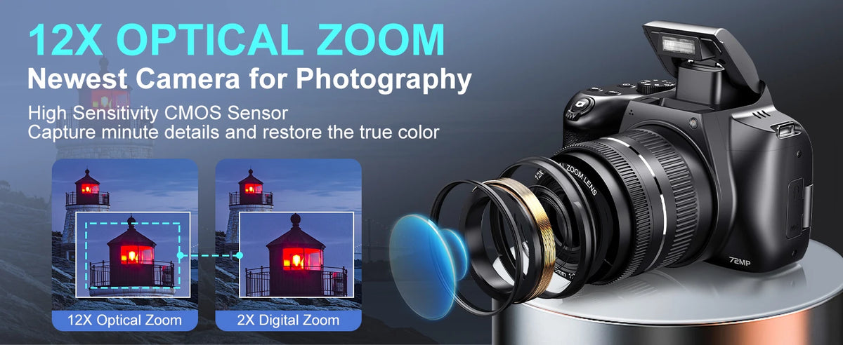 Fotocamera Digitale con Zoom Ottico 12X, 4K, WiFi, HD, 72MP, Avanzata, 270° ° Schermo Ribaltabile Autofocus Principiante/Principiante Selfie Macro