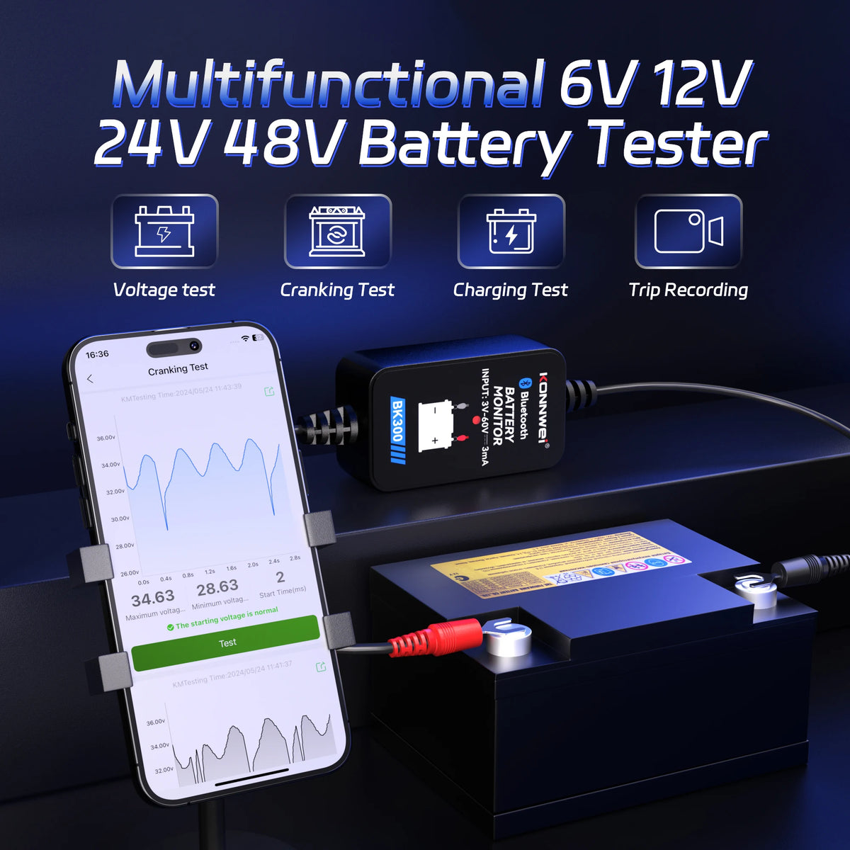KONNWEI BK300 Tester Bluetooth per Batterie Auto 6V/12V/24V con App Mobile per Auto, Camper, Moto, Camion e Barche