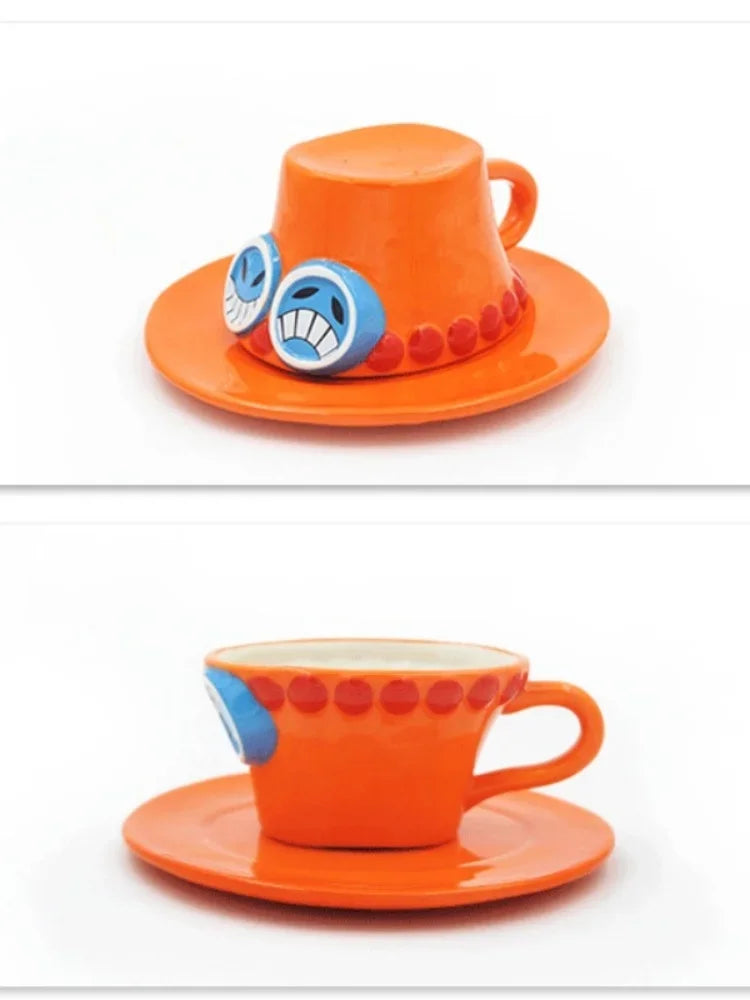 Tazza da caffè e piattino del fumetto Tazze d'acqua a forma di cappello creativo Cosplay Anime Chopper Ace Sabo Tazza in ceramica Piatto da dessert Regali