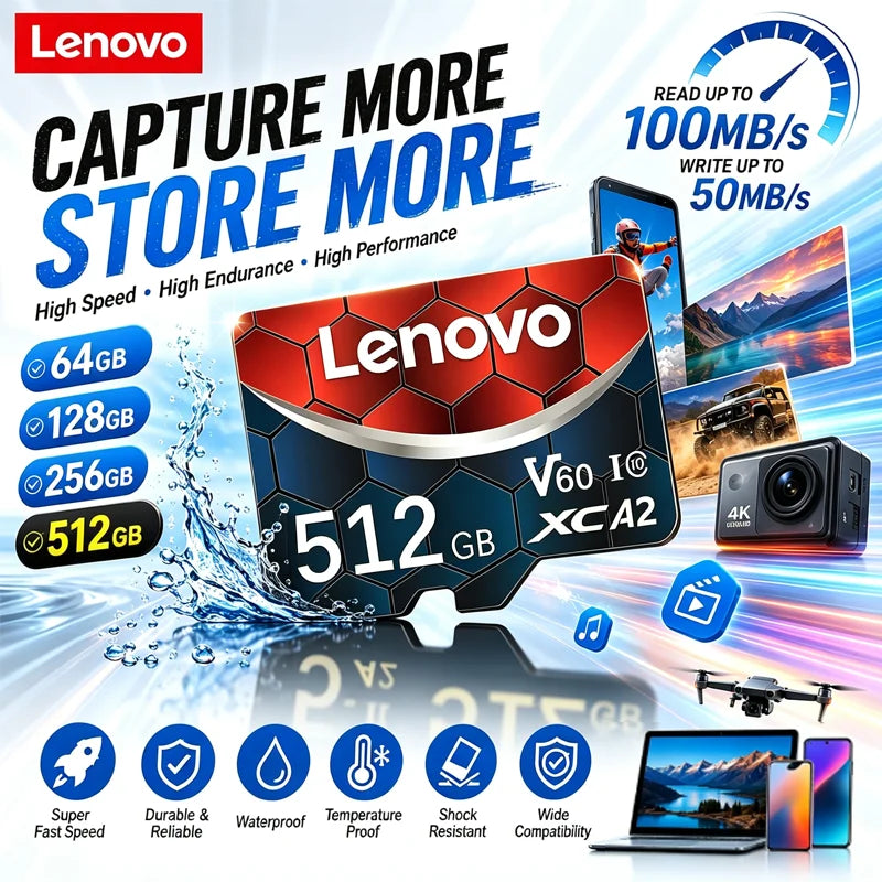 Scheda di memoria Micro SD TF Lenovo A2 U3, 128 GB, 256 GB, 512 GB, scheda TF ad alta velocità per video, compatibile con droni DJI Pocket4 e action camera GoPro HERO.