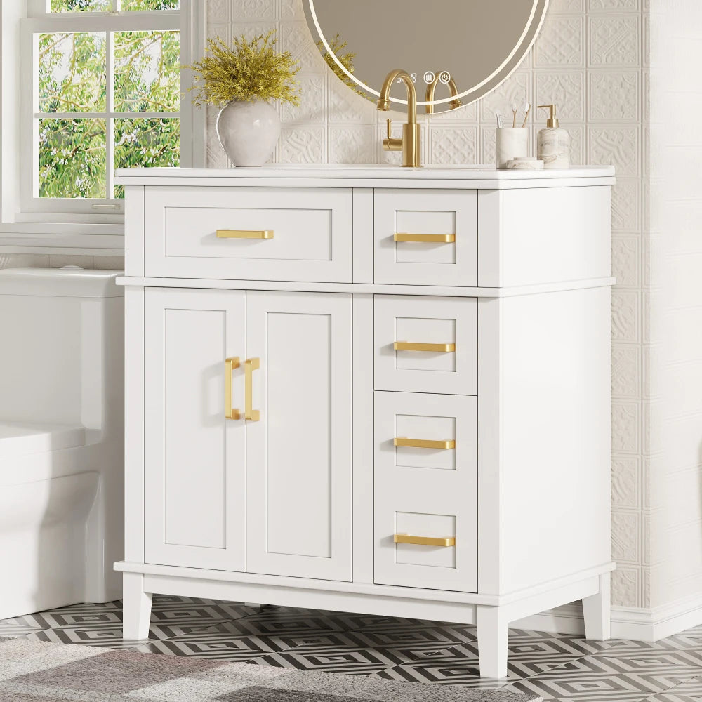 Mobile bagno moderno 76x86x46,5 cm con lavabo in ceramica integrato, mobiletto a cassetti autoportante con ampio spazio contenitivo, dotato di chiusura ammortizzata silenziosa e protezione dal troppo pieno del lavabo, elegant