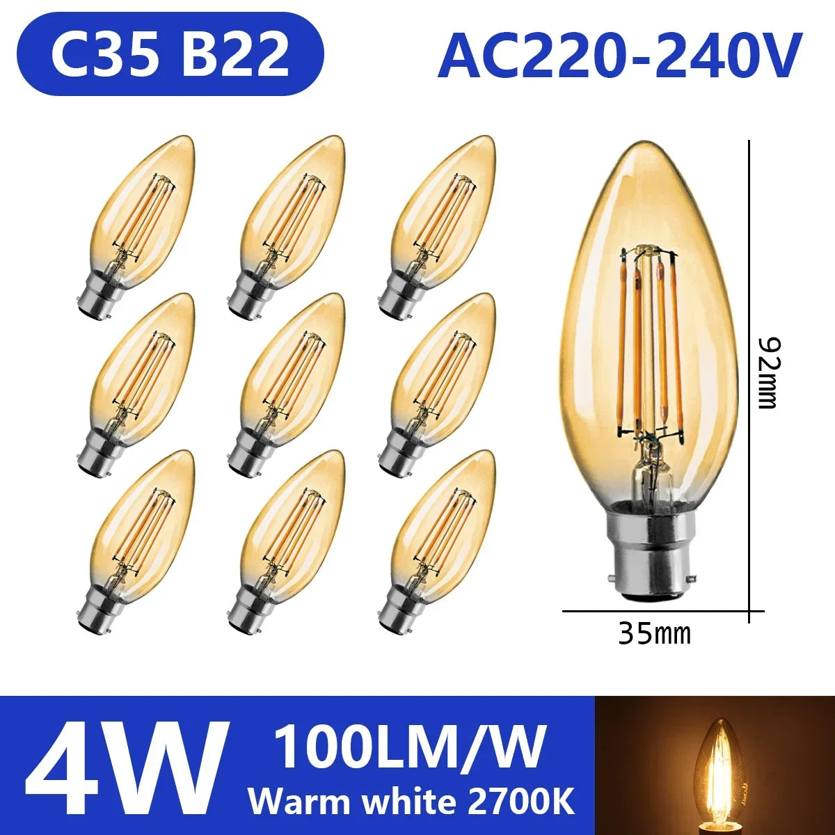Confezione da 10 lampadine a filamento LED per E27 B22 220V 240V 4W 6W 9W Lampadine a LED bianche calde Lampada in vetro vintage