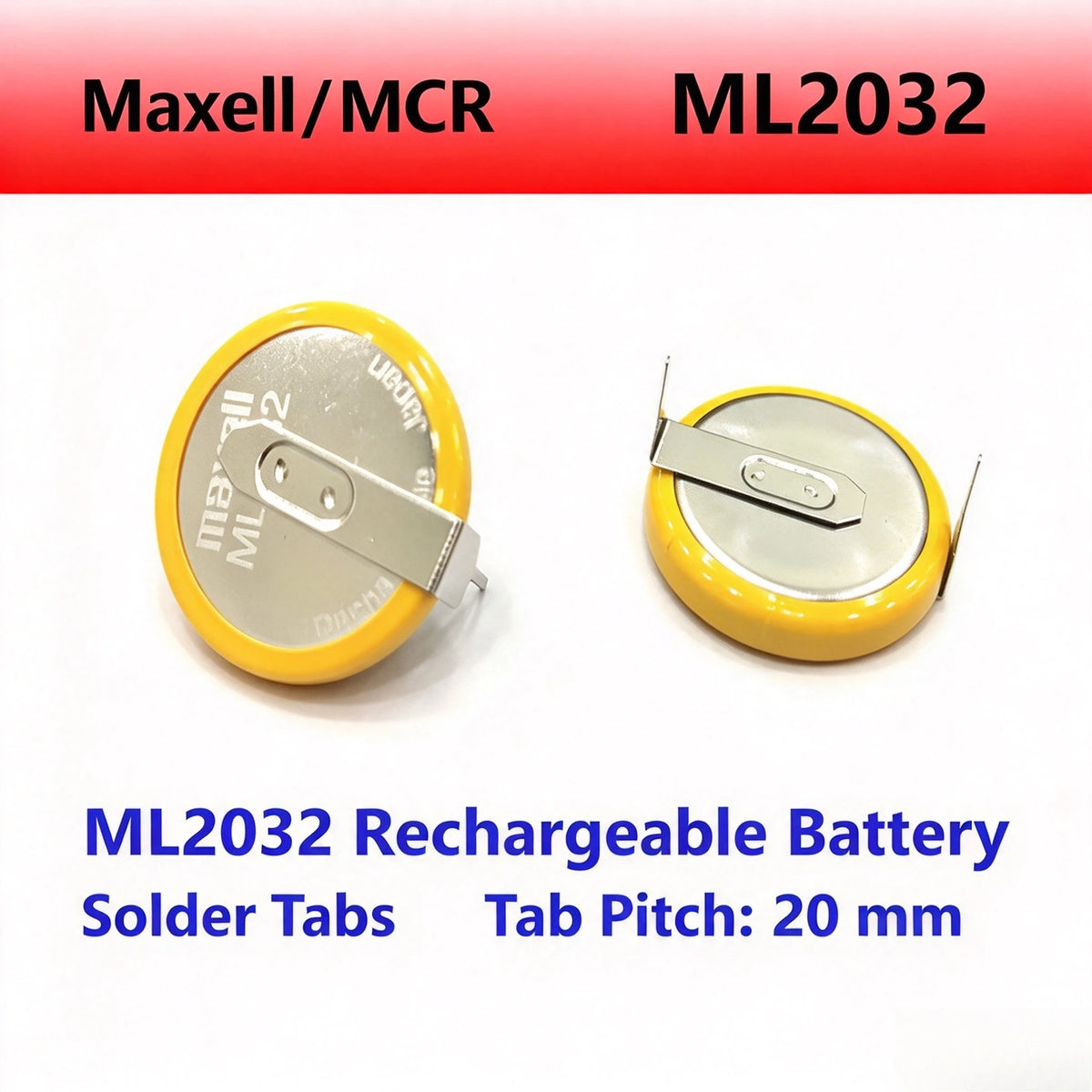 Batteria a bottone ricaricabile al litio Maxell ML2032 con terminali per saldatura, 3V, distanza tra i piedini 20 mm, per schede madri CMOS