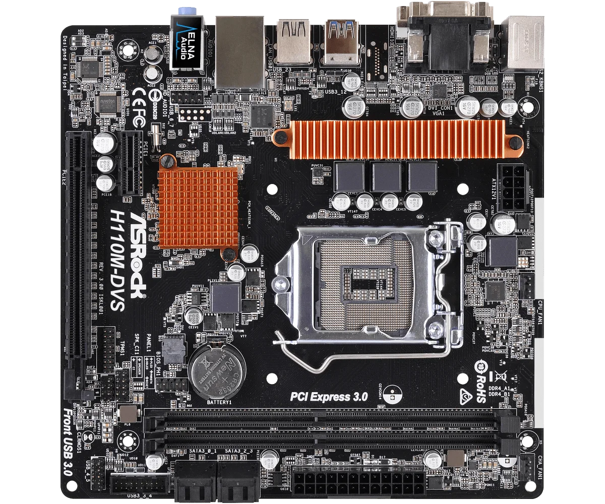 Scheda madre ASROCK H110M-DVS R3.0, socket Intel H110 1151, 2 x DDR4 32GB, formato Micro ATX, compatibile con CPU I5-7500, I5-6500, I3-7100, G4600