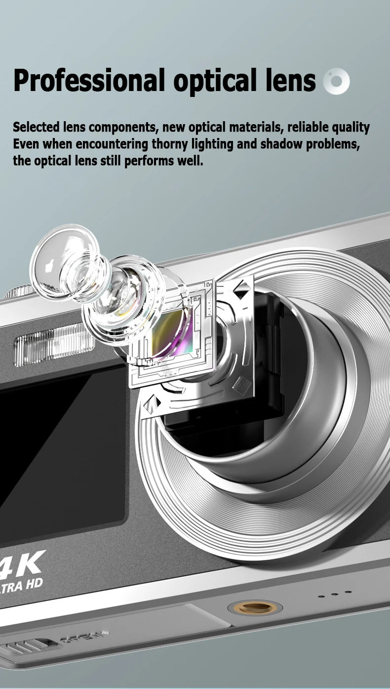 Fotocamera digitale 4K con doppio schermo, obiettivo telescopico, zoom ottico 16x ad alta definizione, fotocamera impermeabile, ideale per selfie, per migliorare l’aspetto, per uso domestico, modello C23.
