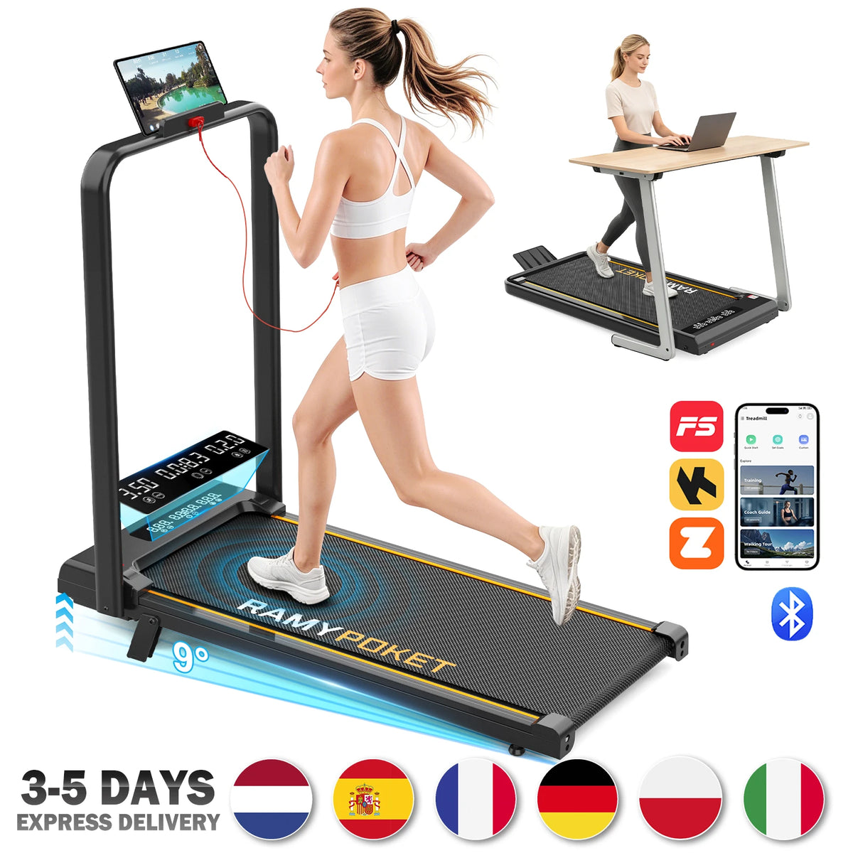 Ramypoket Tapis Roulant Pieghevole con Inclinazione 15%, Tapis Roulant 12Km/H, App/LED, Tapis Roulant da Ufficio, Carico Massimo 150kg