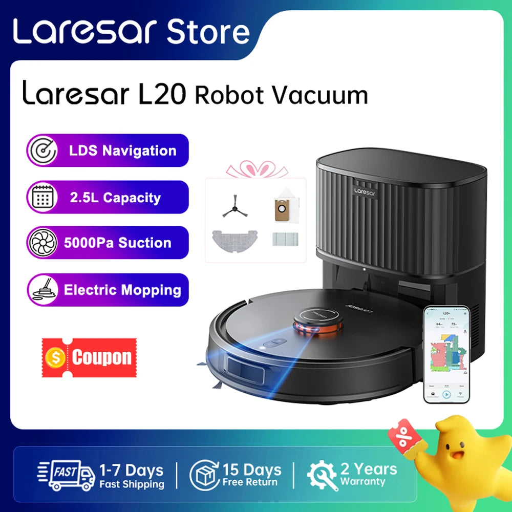 Laresar L20 Robot Aspirapolvere con 5000Pa di Aspirazione, Navigazione LDS, Stazione di Svuotamento Automatico, Controllo Smart APP per Pavimenti e Tappeti