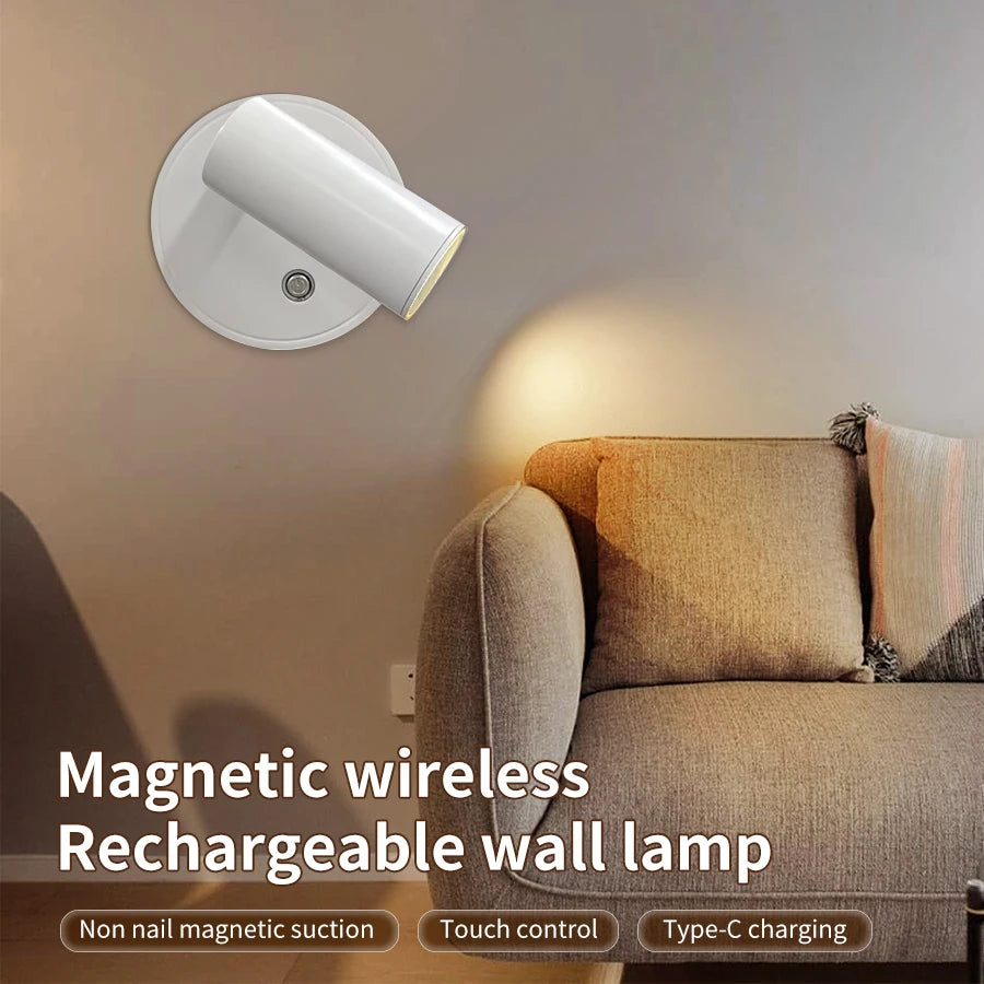Faretto LED ricaricabile USB Lampada da parete magnetica senza fili Sensore tattile Dimmerabile Faretto per camera da letto per porta dell'armadio a 3 colori