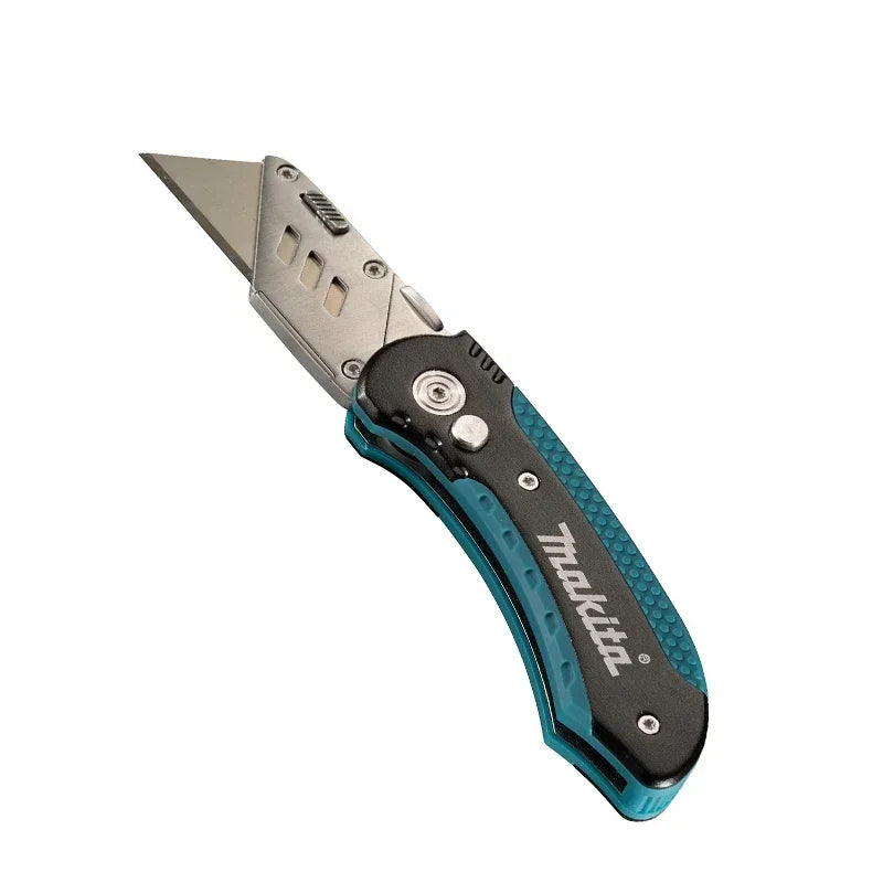 Coltello multiuso Makita con lame a scatto, caricamento facile, lame extra retrattili, impugnatura comoda in gomma, strumento manuale combinato completo
