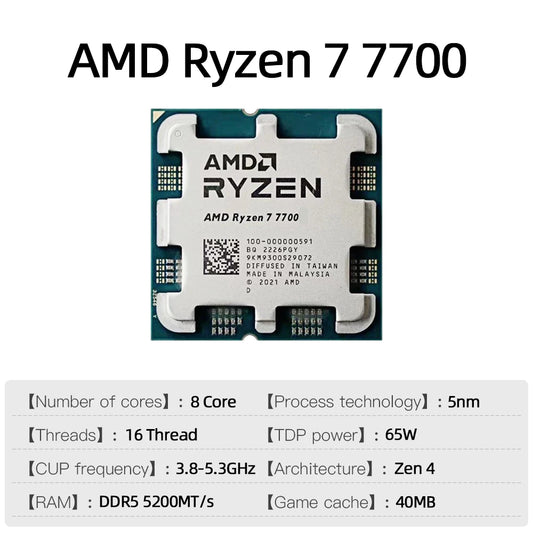 Processore AMD Ryzen 7 7700 per Gaming e Produttività, CPU Desktop 8-Core 12T, 4.5 GHz Max Boost, 5nm 32MB Cache L3, Socket AM5 (Dissipatore Non Incluso)