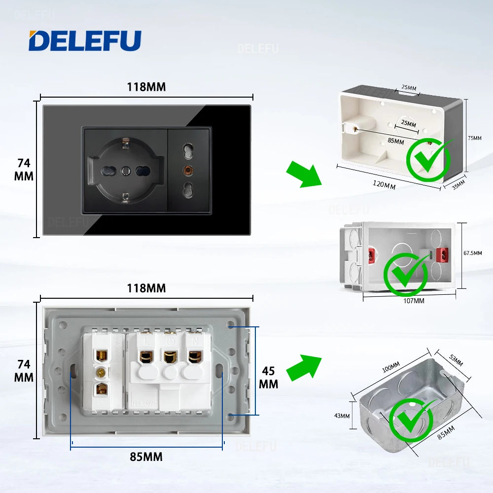 DELEFU Presa a Muro in Vetro Temperato Nero con USB Type-C per Ricarica Rapida, Interruttore Schuko, TV Sat, Telefono, Campanello, Italia/Cile
