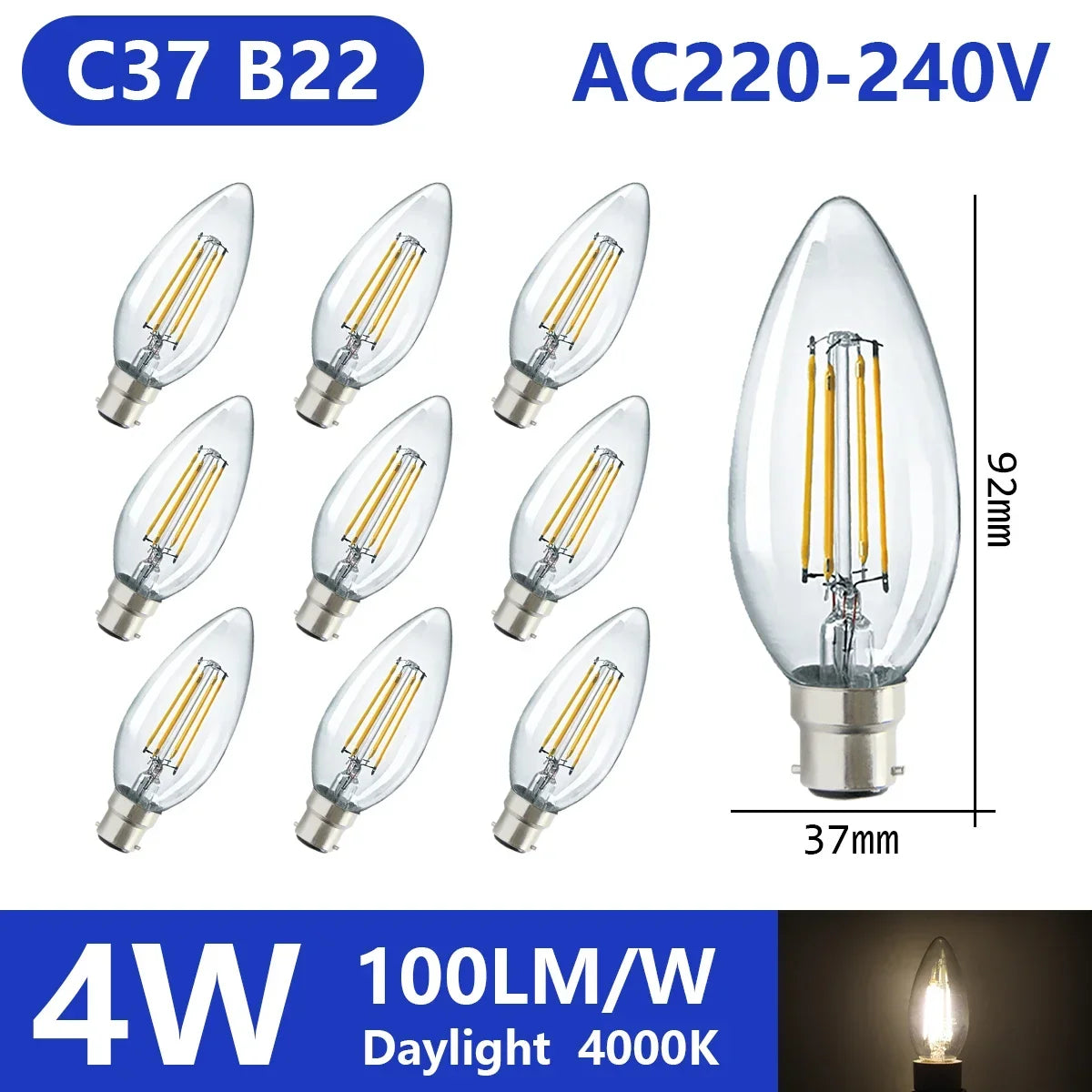 Confezione da 10 lampadine a filamento LED per E27 B22 220V 240V 4W 6W 9W Lampadine a LED bianche calde Lampada in vetro vintage