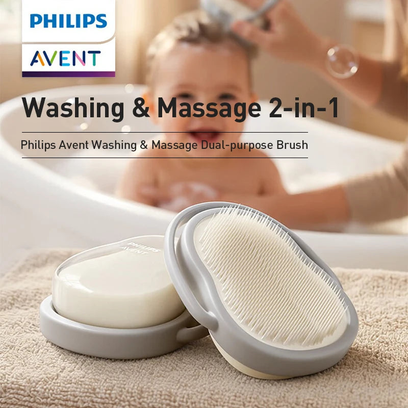 Philips Avent Spazzola per il lavaggio e il massaggio del bambino, doppia funzione, colore grigio nebbia, spazzola da bagno in morbido silicone per bambini da 0 a 12 anni