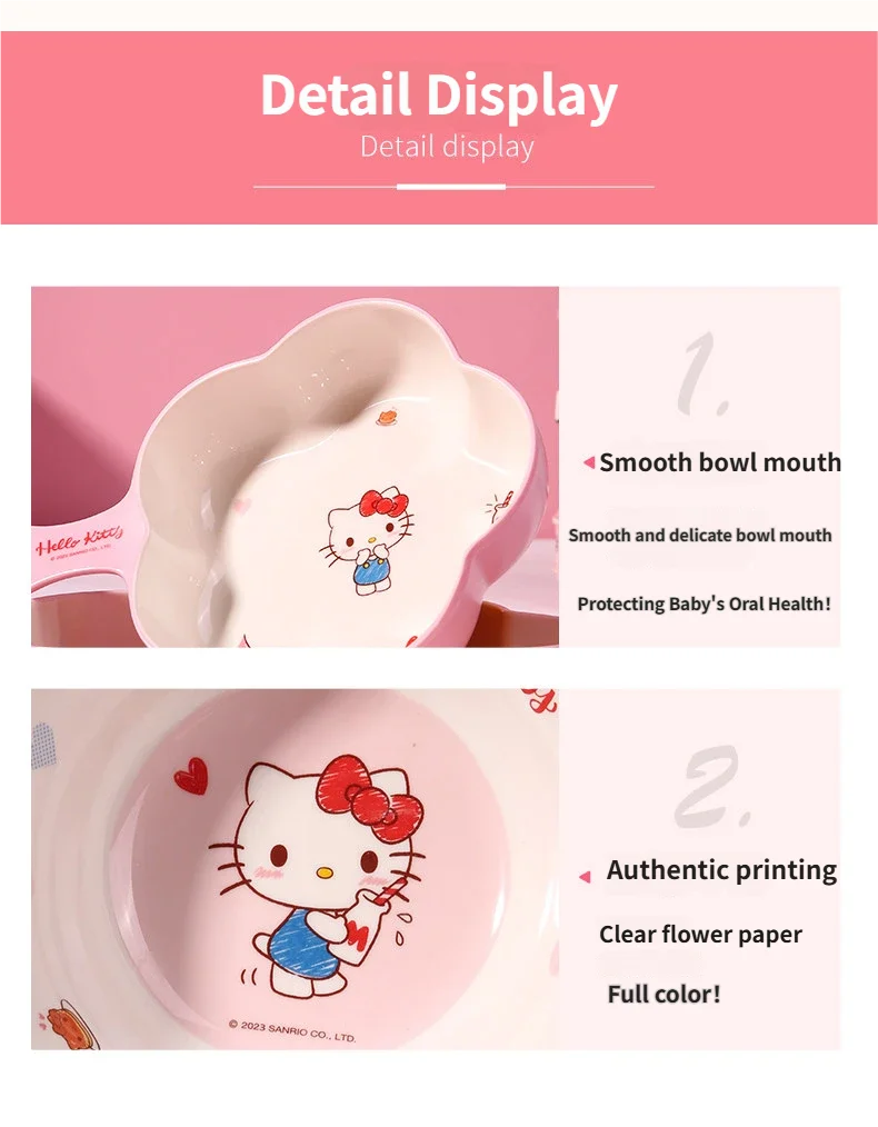 WUHE Set di Stoviglie per Bambini Hello Kitty, Ciotole e Piatti in Melamina, Design Cartoon per Ragazze, Senza BPA, Infrangibile, Lavabile in Lavastoviglie