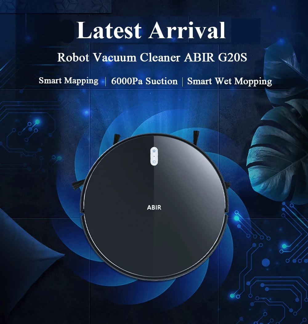 Robot Aspirapolvere ABIR G20S, Navigazione mappa AI,partizione super intelligente,con memoria, app WiFi, forte aspirazione 6000Pa, lavaggio intelligente a umido, disinfezione, funziona con Alexa e Google Assistant