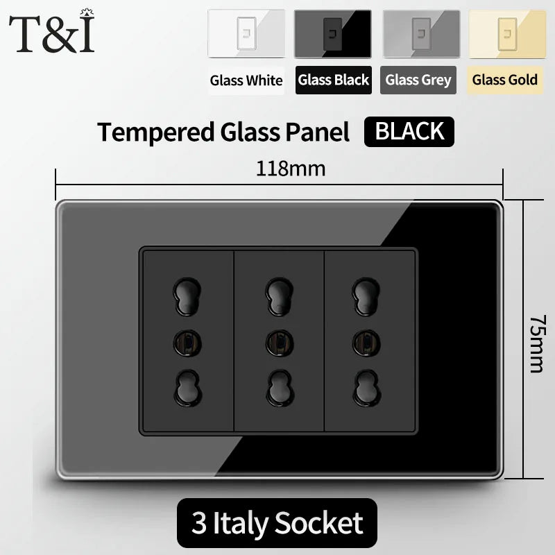 Prese per interruttori a muro T&I con tipo USB-C ricarica rapida, presa italiana, presa Schuko cilena, pannello in vetro temperato per la casa