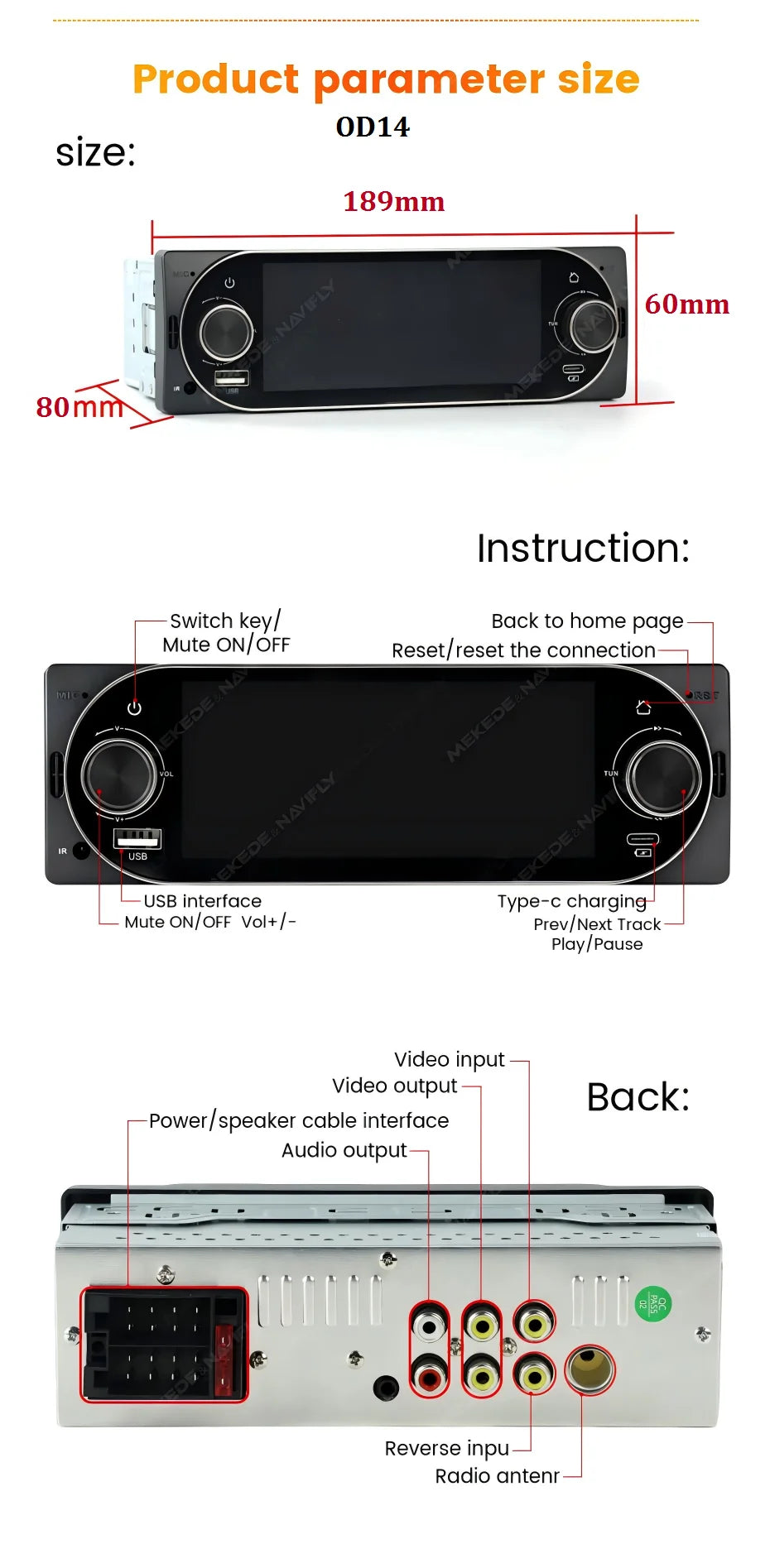 MEKEDE Lettore Video 4K da 5.2/6.86/6.88 Pollici, CarPlay Wireless, Android Auto, Radio FM Multimediale Universale 1DIN con USB Type-C, TF, AUX, ISO, RCA