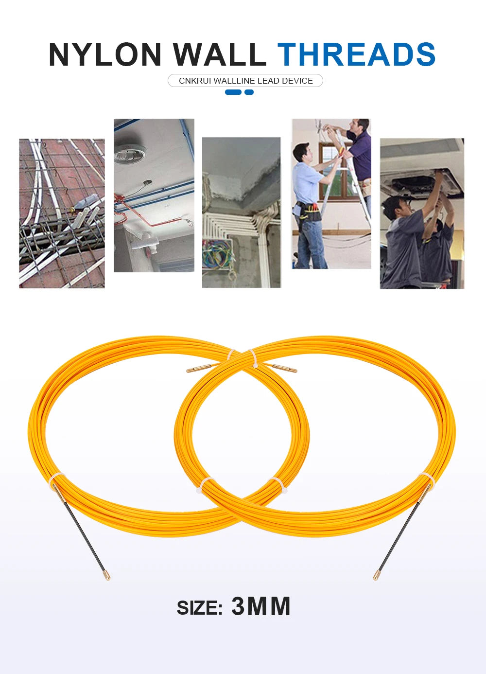 Cavo passacavi in fibra di vetro da 3mm 5-50M, strumento per elettricisti per la passaggio di fili, guida per cavi elettrici attraverso condotti e pareti