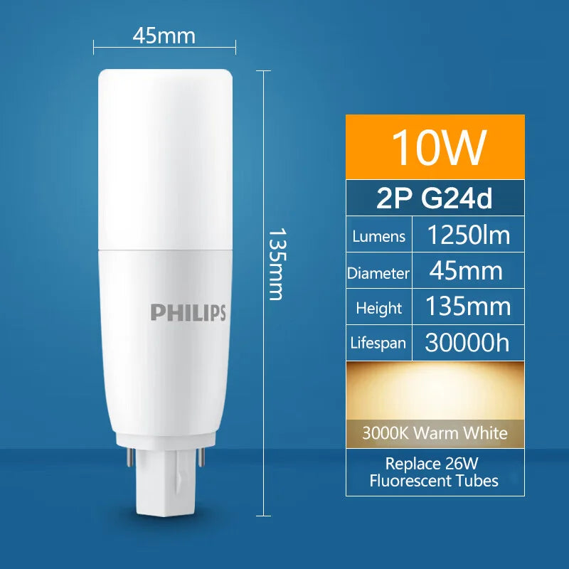 Lampada Tubolare LED PHILIPS PLC 2P G24d 6.5W 7.5W 10W MyCare, Downlight a 2 Pin 3000K 4000K 6500K Bianco, Sostituzione per Tubi Fluorescenti PL-C