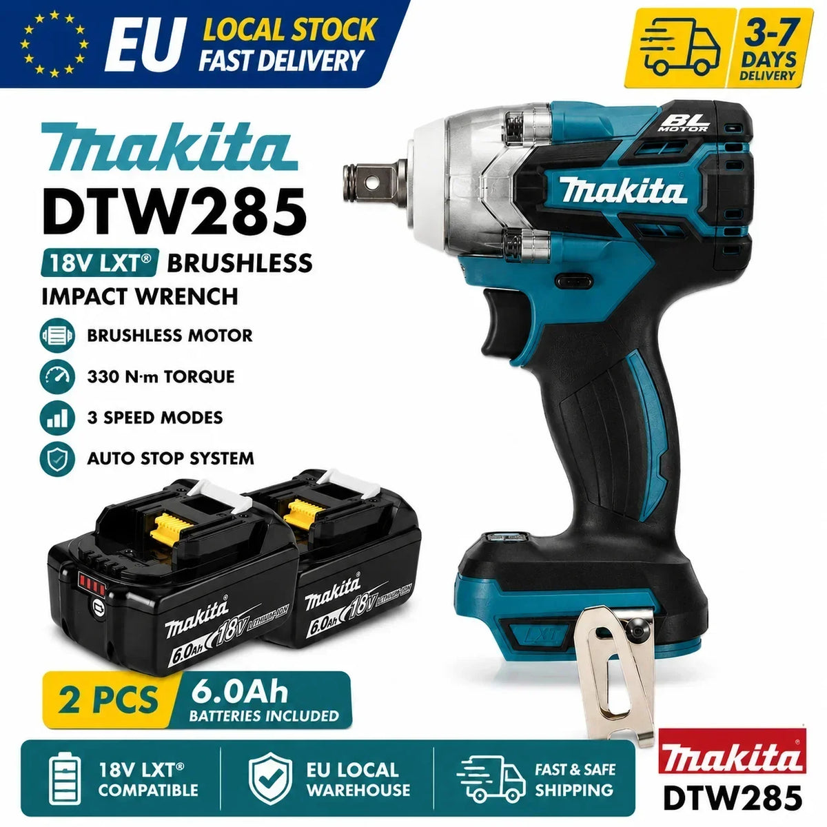 Makita DTW285 Avvitatore a Impulsi 18V 320N·m Senza Spazzole Senza Fili + Batteria 6.0Ah Utensile Elettrico ad Alta Coppia Disponibilità EU Spedizione 1-3 Giorni
