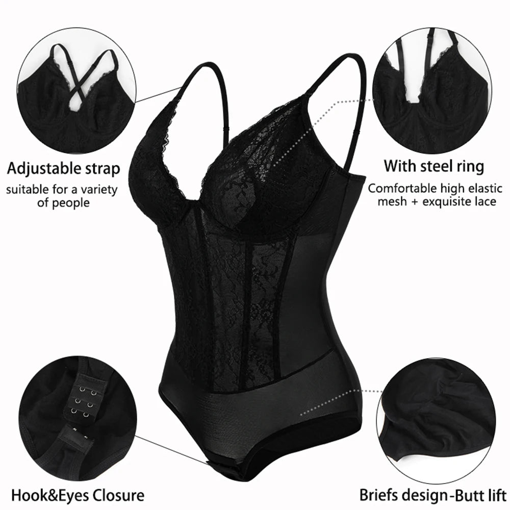 Body modellante in pizzo da donna con ferretto, controllo della pancia, modellante per tutto il corpo, corsetto con scollo a V, top, tuta, slip, lingerie, abbigliamento sexy