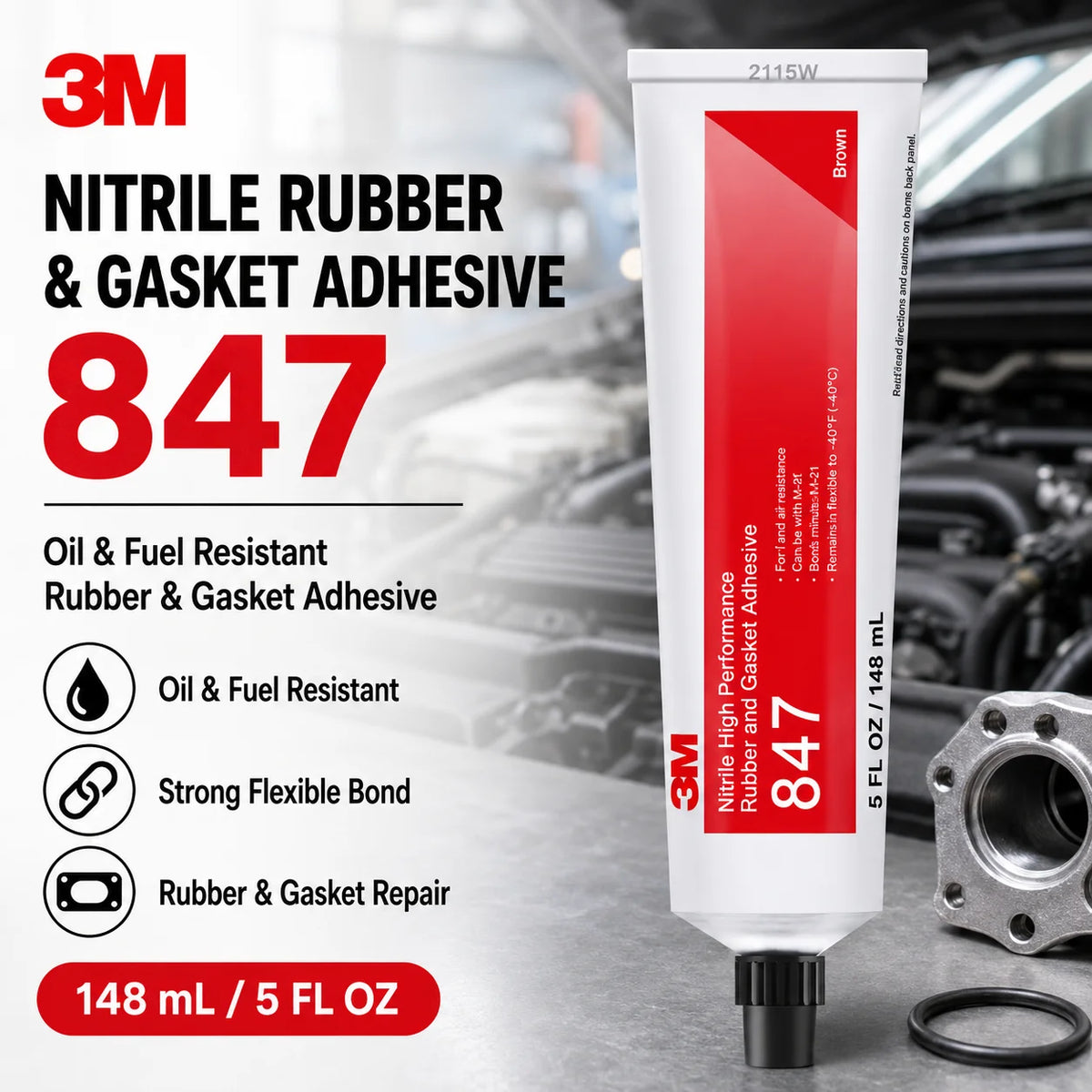 Adesivo Professionale 3M 847 per Gomma Nitrilica e Guarnizioni, Resistente a Olio e Carburante, Colla Flessibile per Riparazioni Automobilistiche