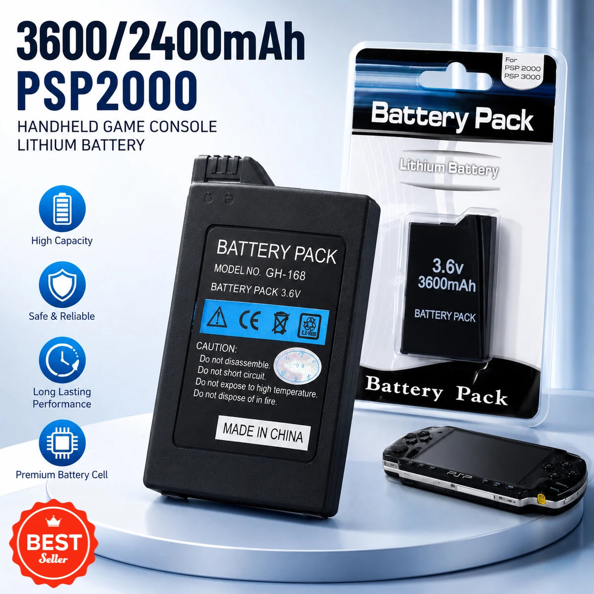 Batteria di Ricambio al Litio 3600/2400mAh per Console di Gioco Portatile PSP2000, Compatibile con PS Lite PSP-2PSP-3004