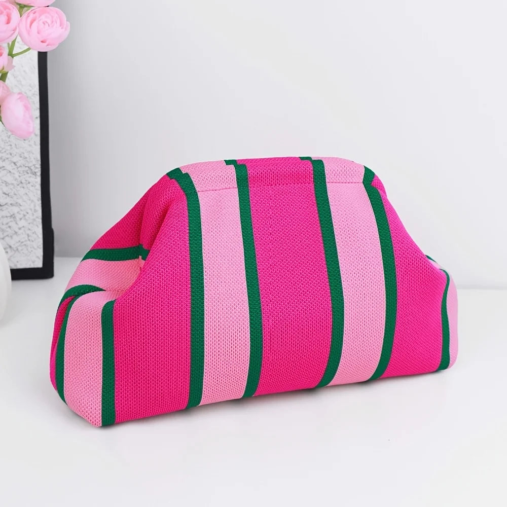 Nuova borsa intrecciata traforata a righe, borsa a mano in maglia, versatile borsa portatile per cosmetici